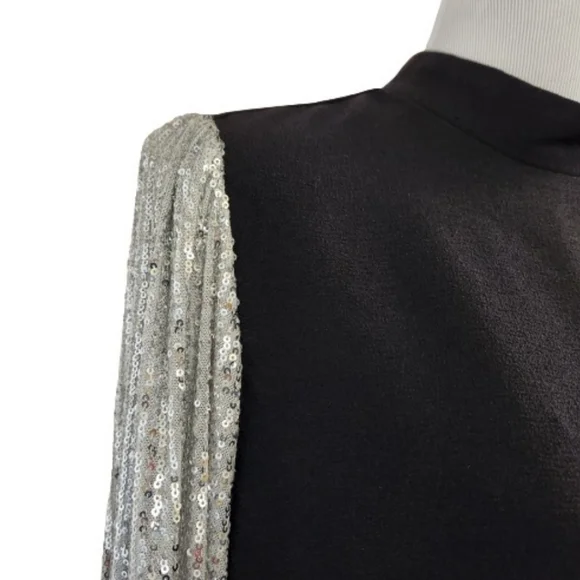 🆕️⬇️Nicole Miller Black Stretch Crepe Camille Dress With Sequin Puff Sleeves - Picture 3 of 15